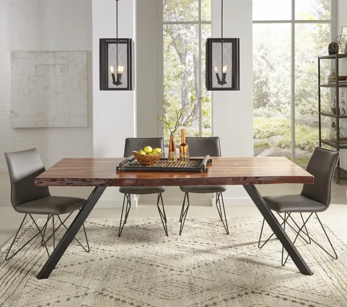 Reese Live Edge Solid Wood Metal Leg Dining Table in Natural Acacia