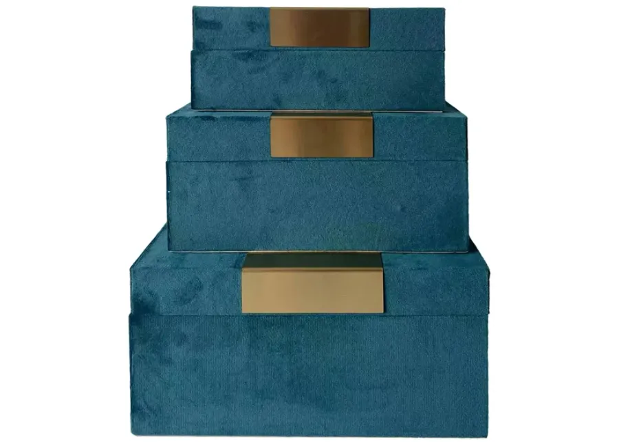 Velvet,s/3 7/8/9"l,jewelry Boxes,teal/gold