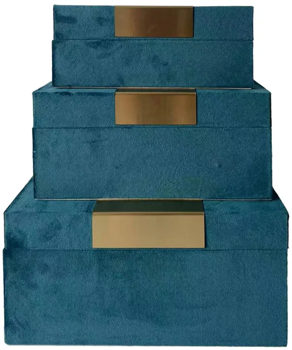 Velvet,s/3 7/8/9"l,jewelry Boxes,teal/gold