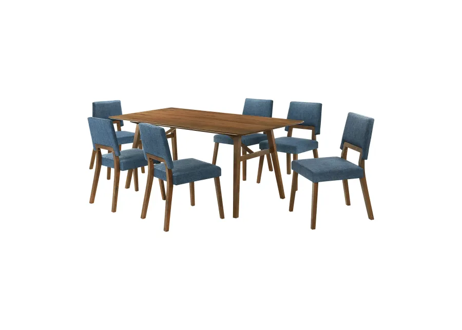 Channell 7 Piece Walnut Wood Dining Table Set with Blue Fabric