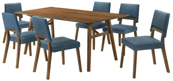 Channell 7 Piece Walnut Wood Dining Table Set with Blue Fabric