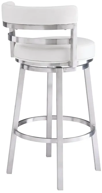 Madrid 26" Counter Height Swivel White Faux Leather and Brushed Stainless Steel Bar Stool