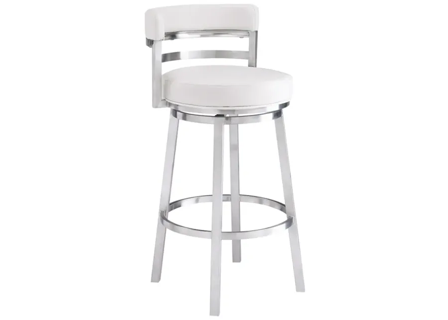 Madrid 26" Counter Height Swivel White Faux Leather and Brushed Stainless Steel Bar Stool