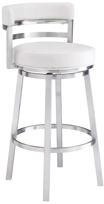 Madrid 26" Counter Height Swivel White Faux Leather and Brushed Stainless Steel Bar Stool