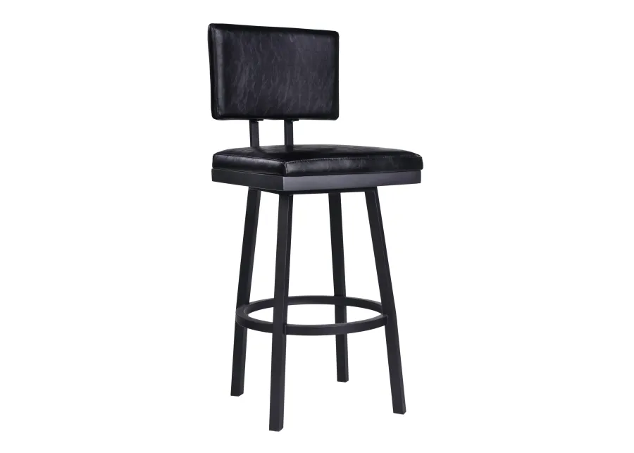 Balboa 26" Counter Height Swivel Vintage Black Faux Leather and Metal Bar Stool