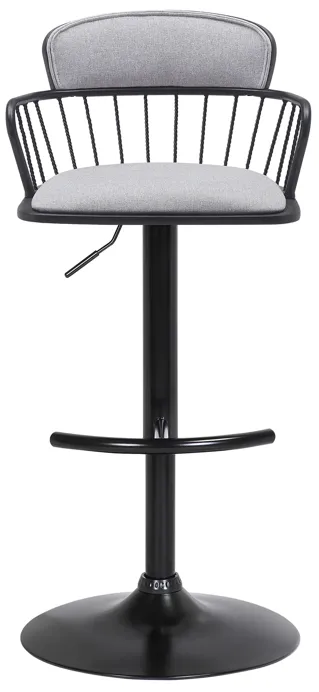 Nash Adjustable Black Wood Bar Stool in Light Gray Fabric with Black Metal