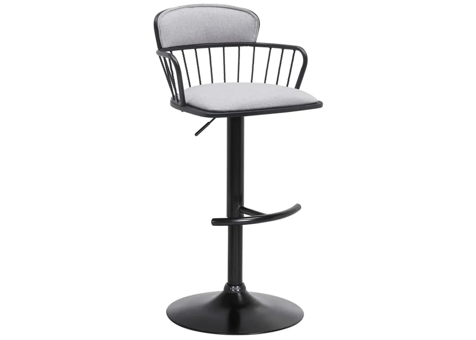 Nash Adjustable Black Wood Bar Stool in Light Gray Fabric with Black Metal