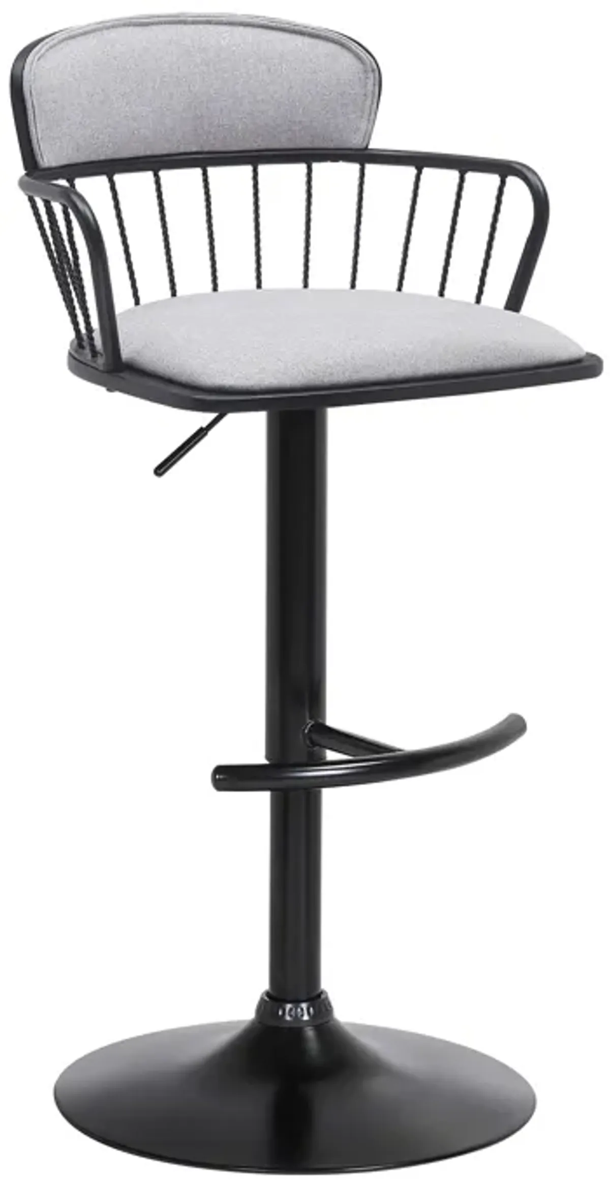 Nash Adjustable Black Wood Bar Stool in Light Gray Fabric with Black Metal