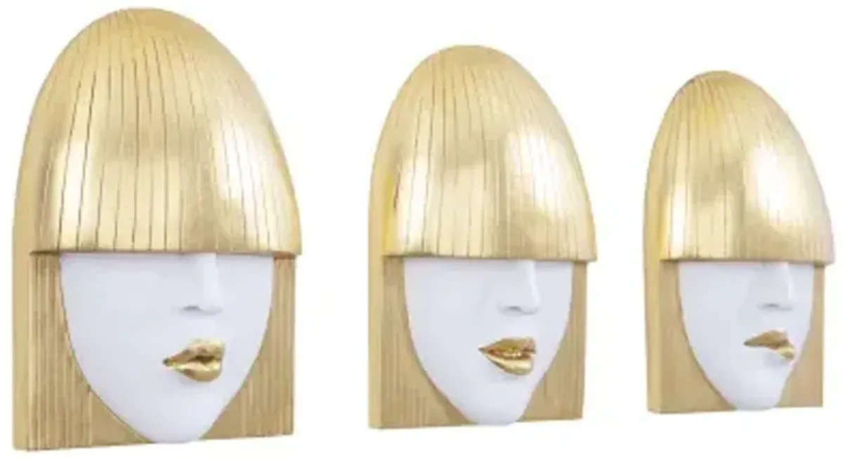 fashion faces wall art, small, white and gold leaf, set of 3