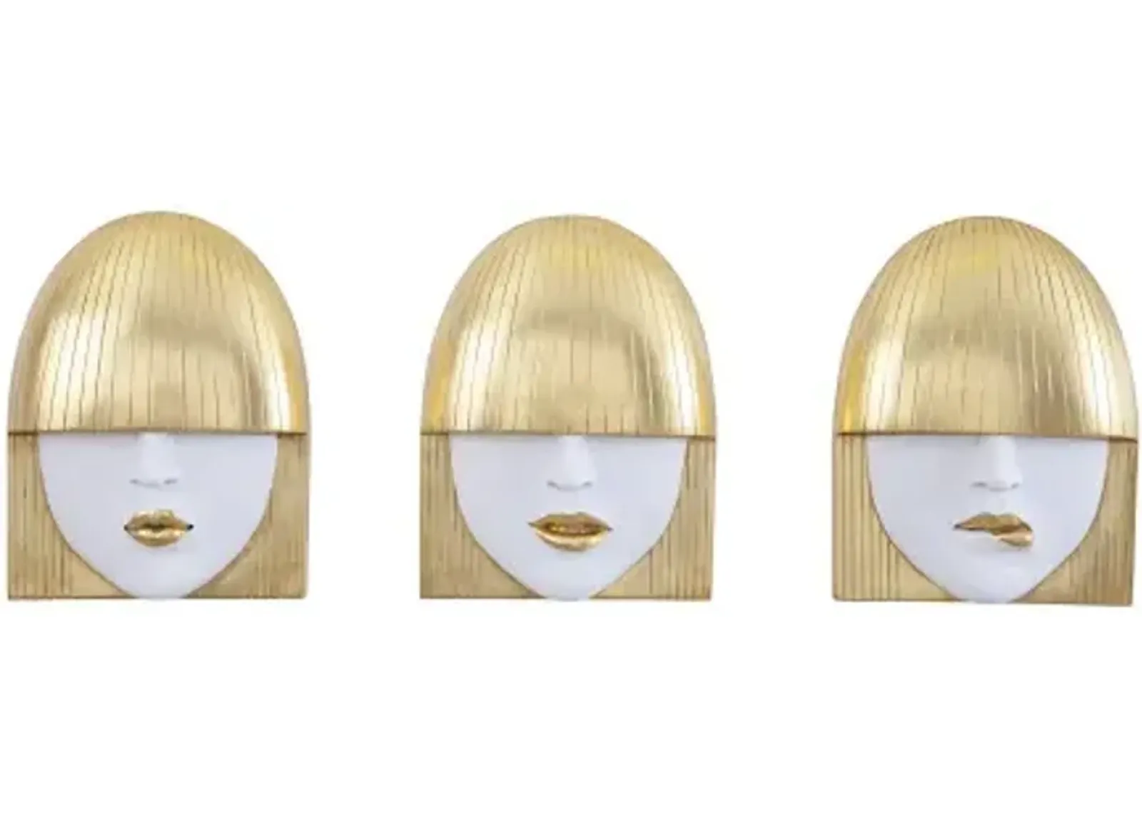 fashion faces wall art, small, white and gold leaf, set of 3