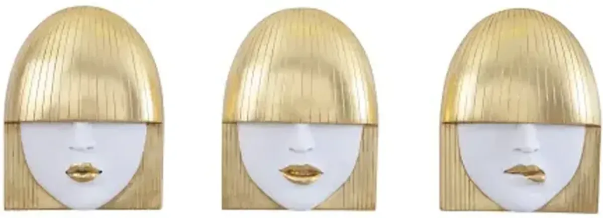 fashion faces wall art, small, white and gold leaf, set of 3