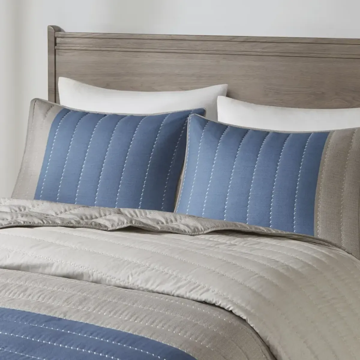 Madison Park Blake Taupe/Blue 3 Piece Printed Color Blocking Microfiber Quilt Set