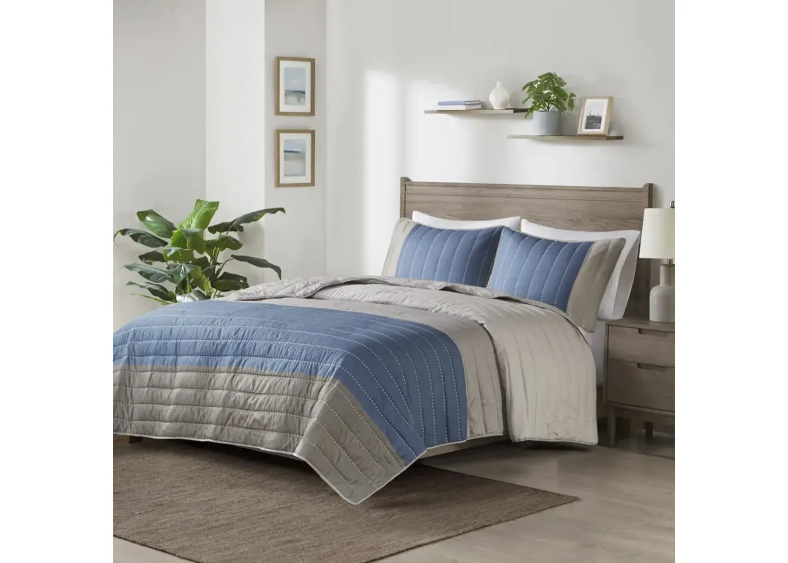 Madison Park Blake Taupe/Blue 3 Piece Printed Color Blocking Microfiber Quilt Set