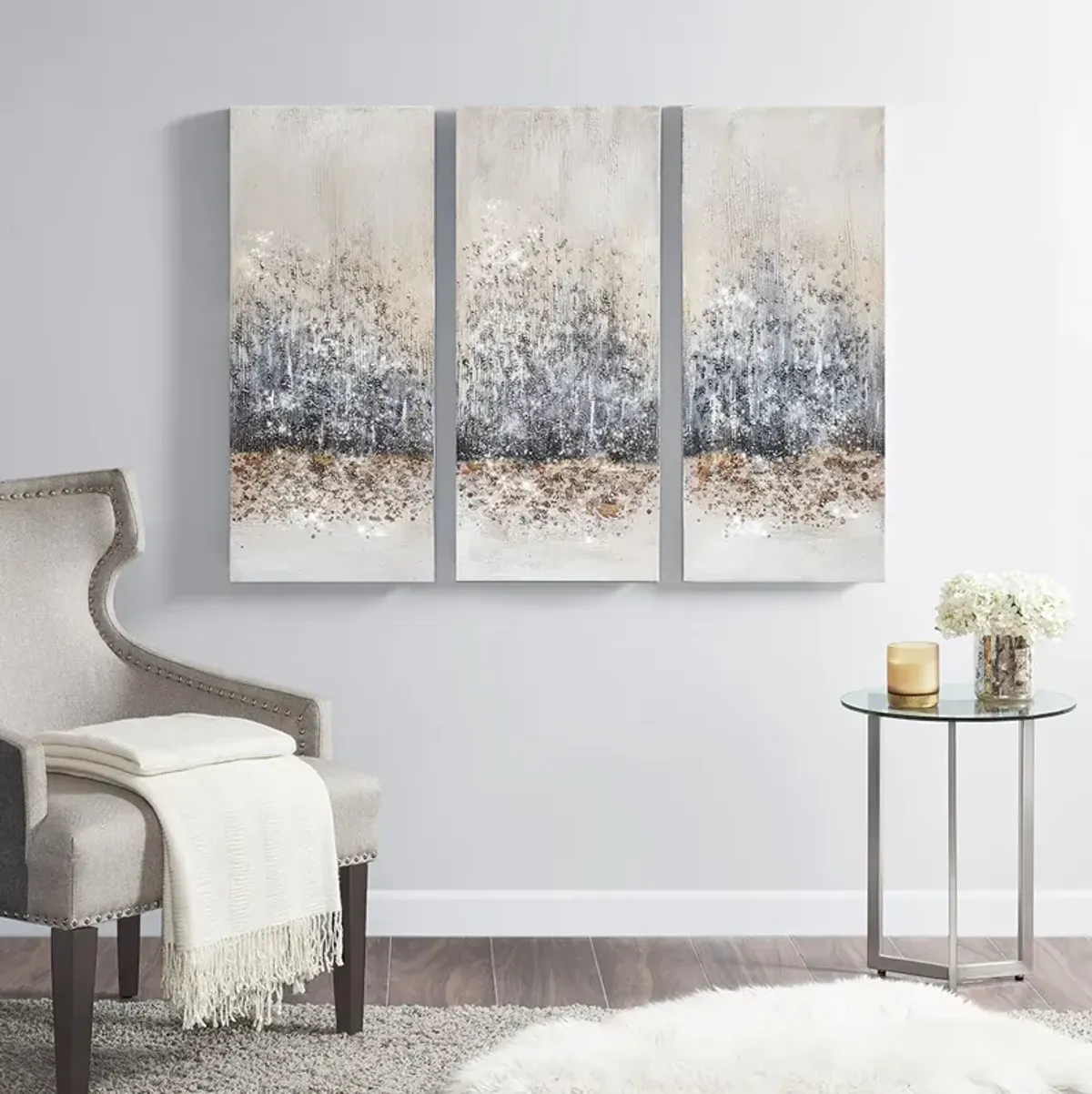 Madison Park Twilight Mystere Blush/Grey Hand Embellished 3-Piece Canvas Wall Art Set