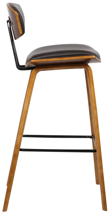 Fox 28.5" Bar Height Brown Faux Leather and Walnut Wood Mid-Century Modern Bar Stool