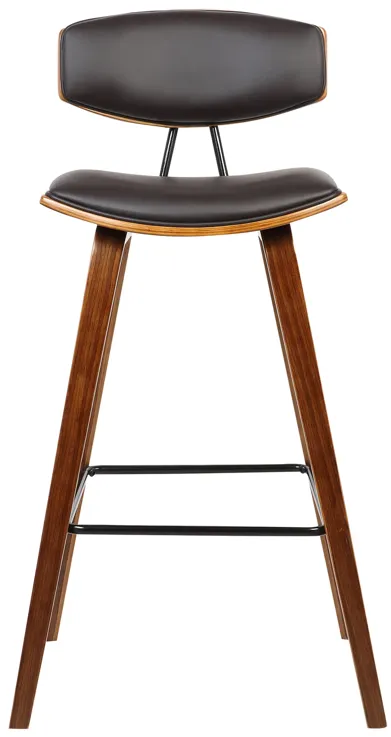 Fox 28.5" Bar Height Brown Faux Leather and Walnut Wood Mid-Century Modern Bar Stool