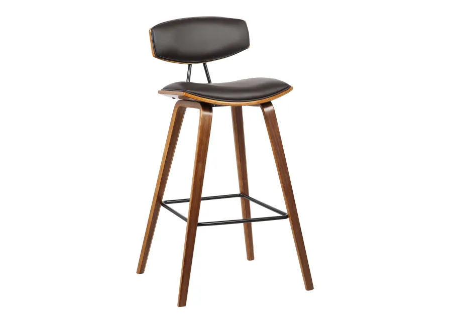 Fox 28.5" Bar Height Brown Faux Leather and Walnut Wood Mid-Century Modern Bar Stool