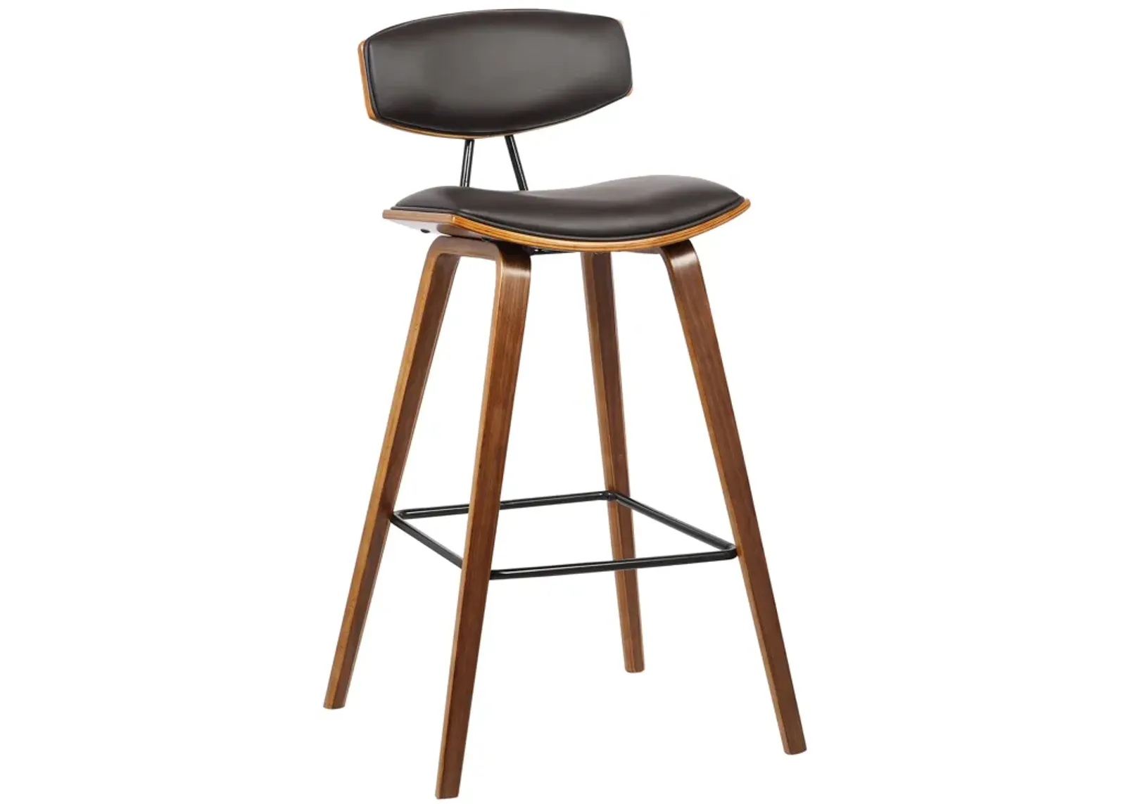 Fox 28.5" Bar Height Brown Faux Leather and Walnut Wood Mid-Century Modern Bar Stool