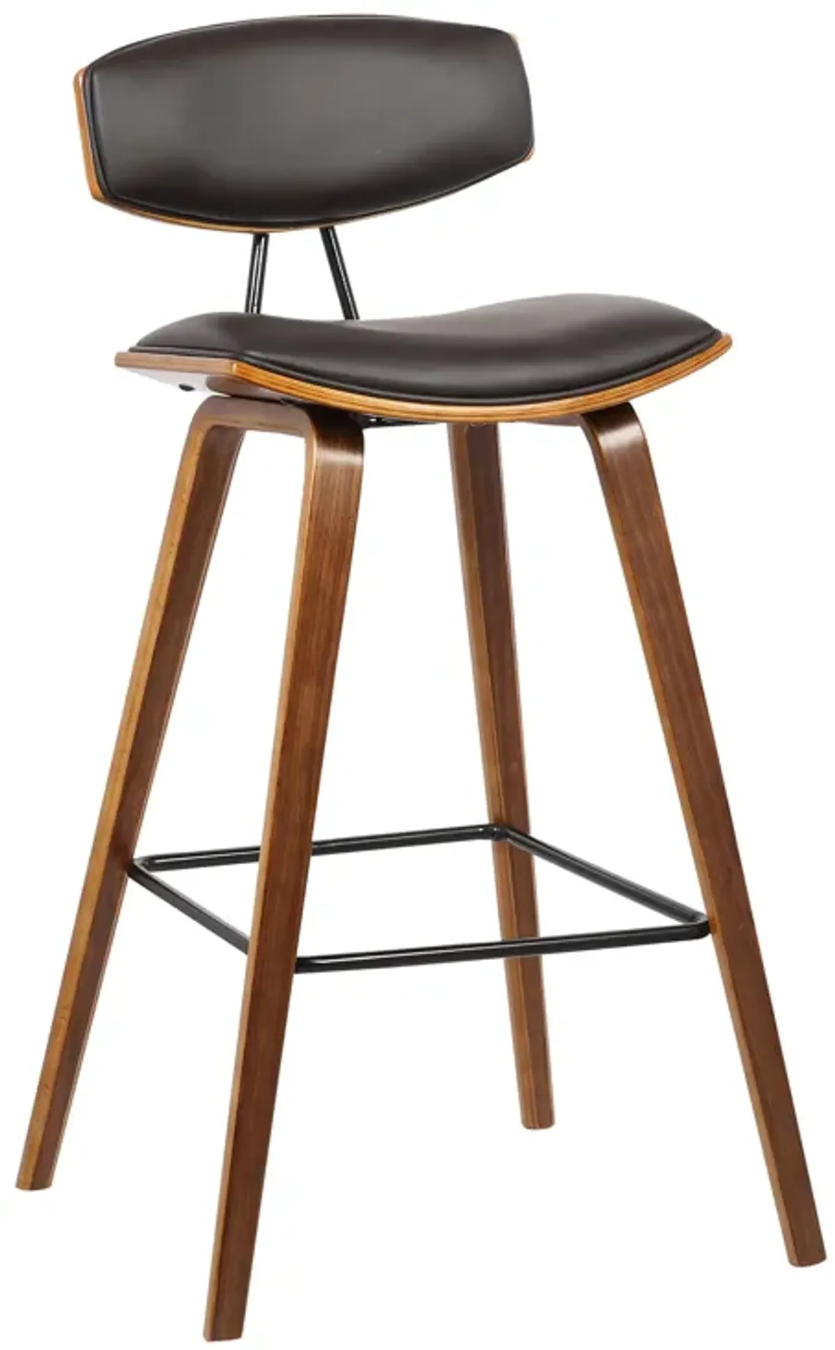 Fox 28.5" Bar Height Brown Faux Leather and Walnut Wood Mid-Century Modern Bar Stool