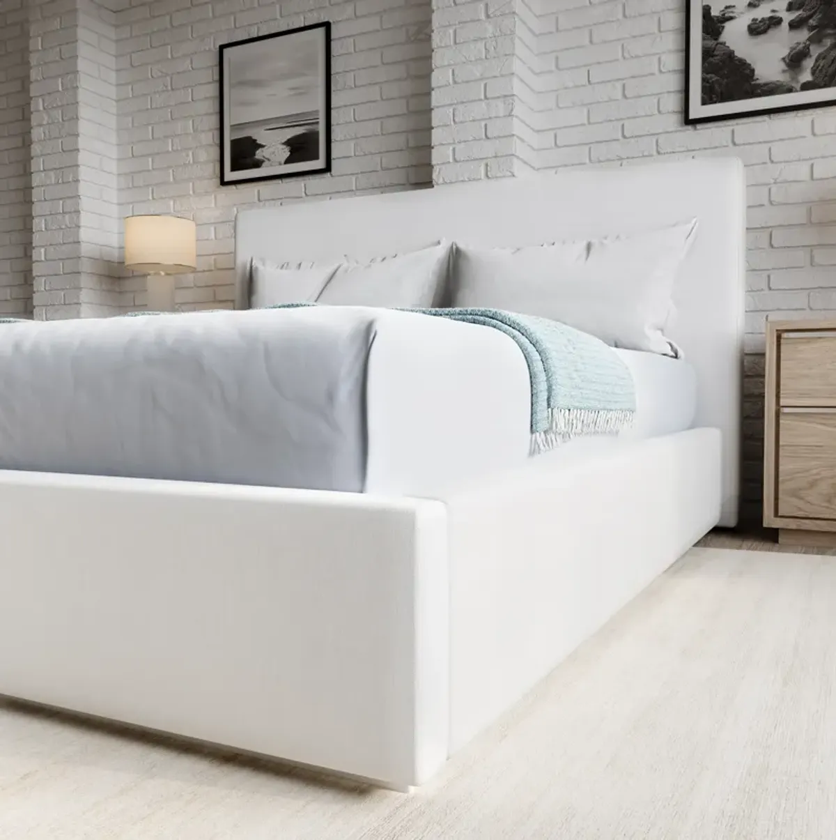 One Upholstered King-size Platform Bed in Pearl