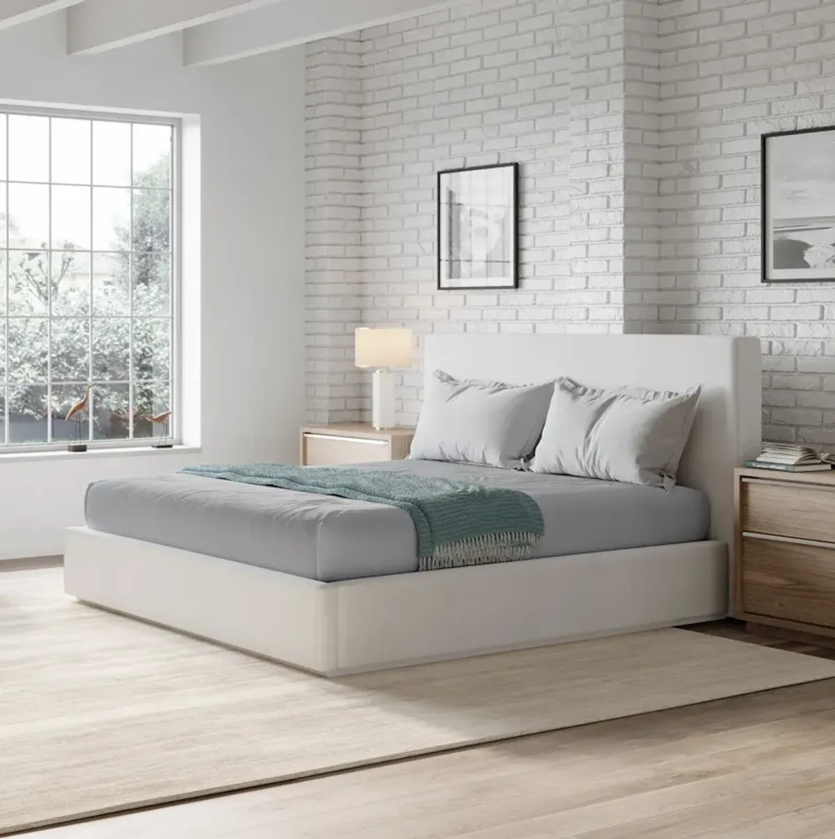 One Upholstered King-size Platform Bed in Pearl