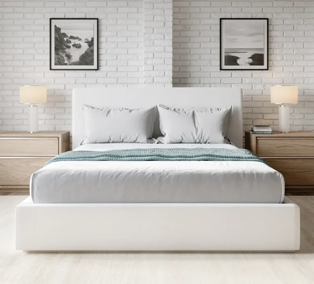 One Upholstered King-size Platform Bed in Pearl