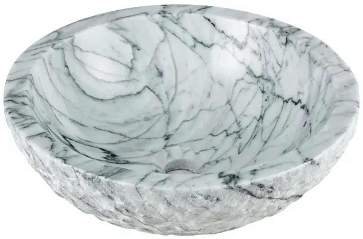 Round, Italian White Carrara marble vessel sink with rough exterior