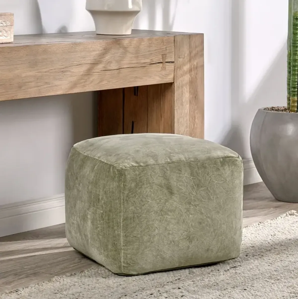 Heirloom Velvet Moss Pouf 18x18x14