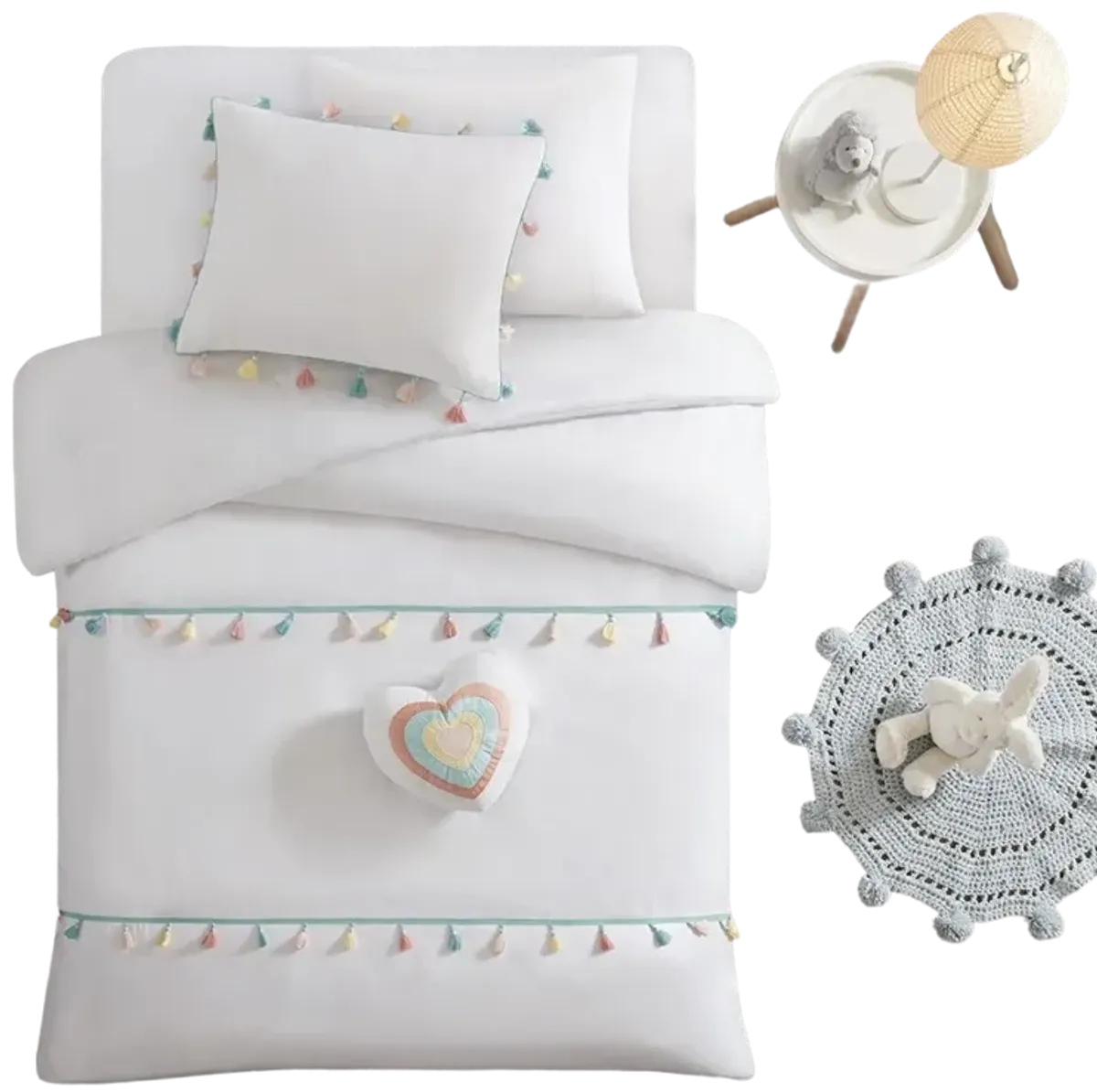 Mi Zone Kids Tessa White Tassel Comforter Set with Heart Shaped Throw Pillow