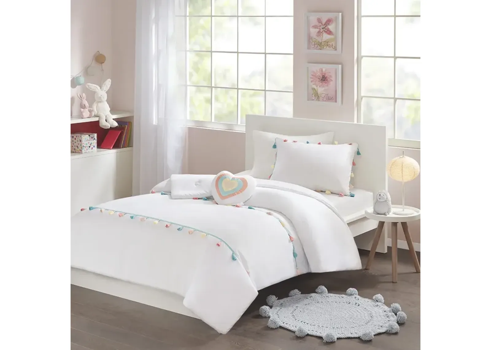 Mi Zone Kids Tessa White Tassel Comforter Set with Heart Shaped Throw Pillow