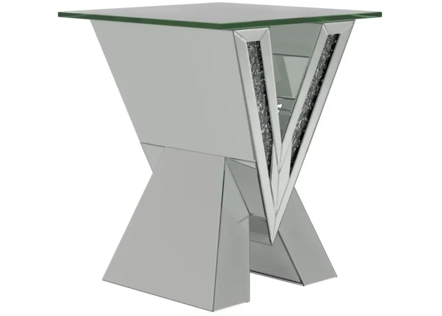 Taffeta V-shaped End Table with Glass Top Silver