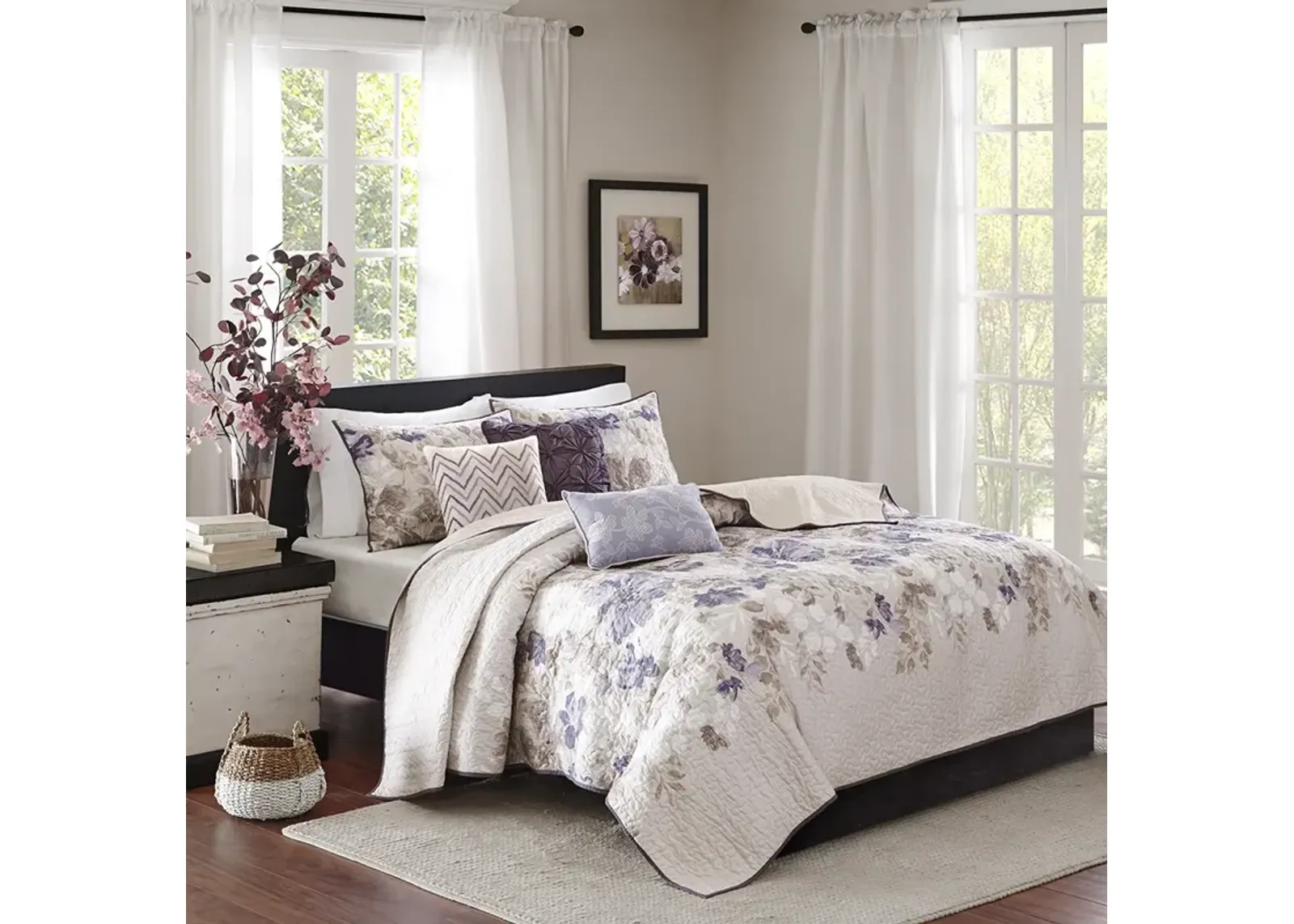 Madison Park Luna Taupe 6 Piece Printed Quilt Set with Throw Pillows