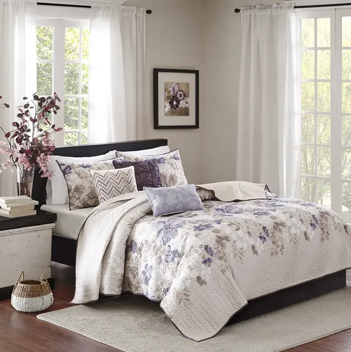 Madison Park Luna Taupe 6 Piece Printed Quilt Set with Throw Pillows