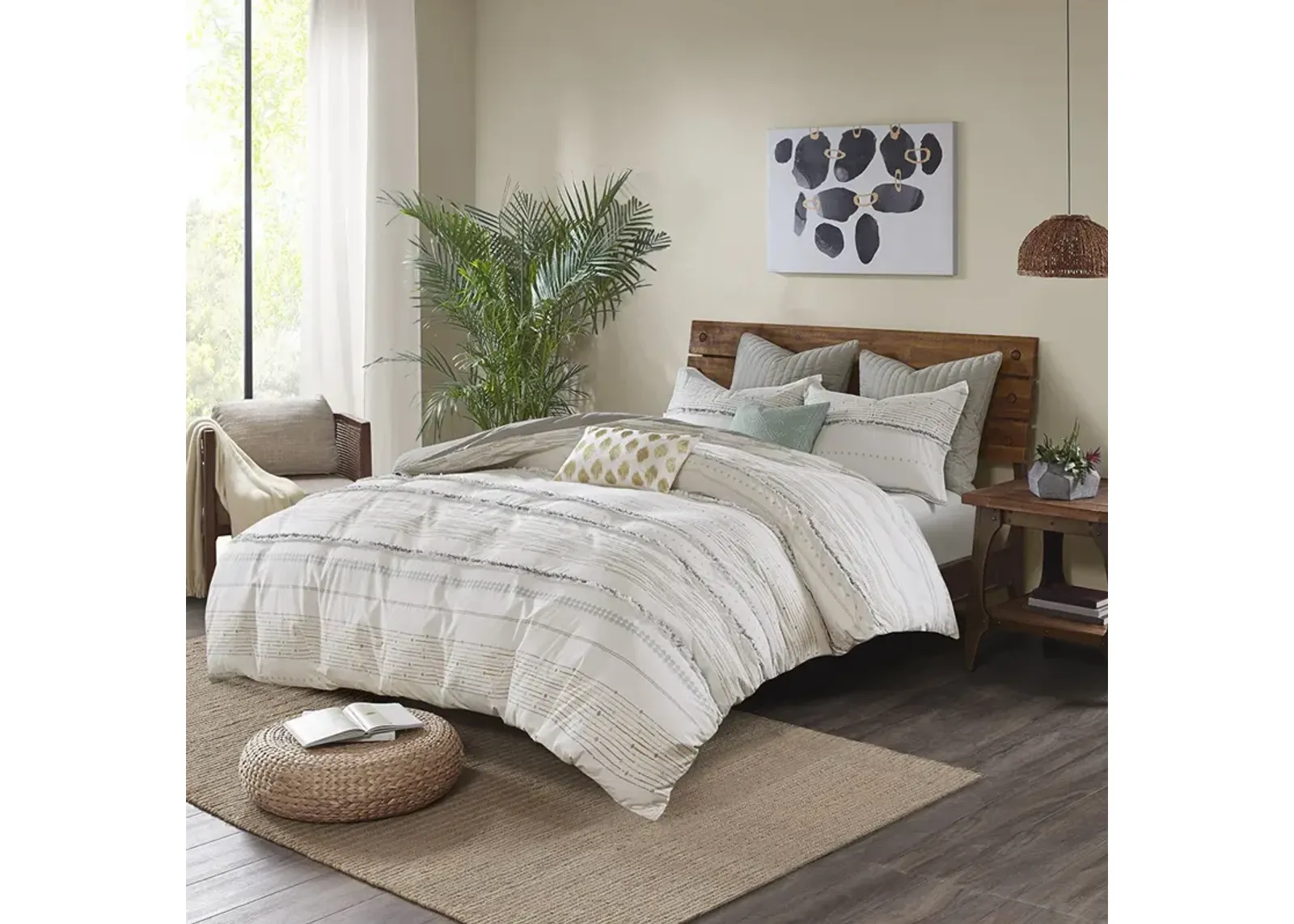 INK+IVY Nea Off White/Gray Cotton Printed Duvet Cover Set with Trims