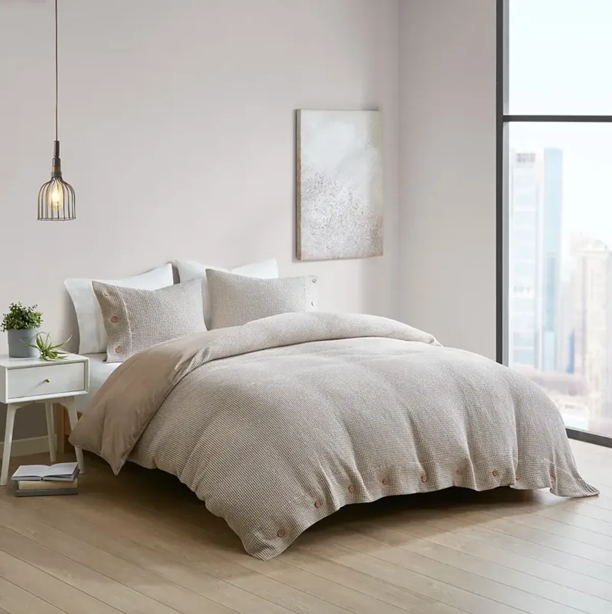 Clean Spaces Mara Taupe 3 Piece Cotton and Rayon from Bamboo Blend Waffle Weave Duvet Cover Set