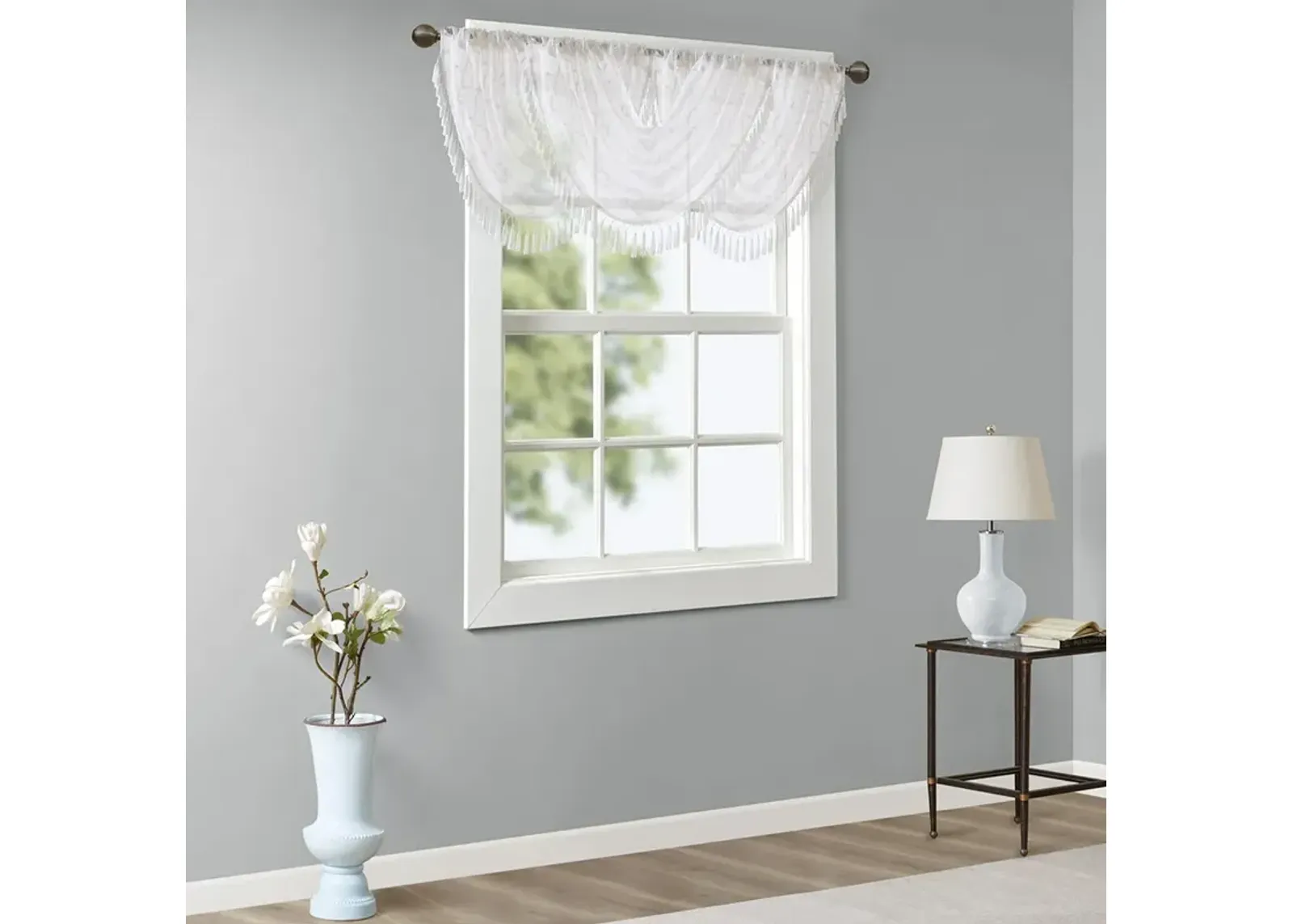 Madison Park Irina White Diamond Sheer Embroidered Waterfall Valance