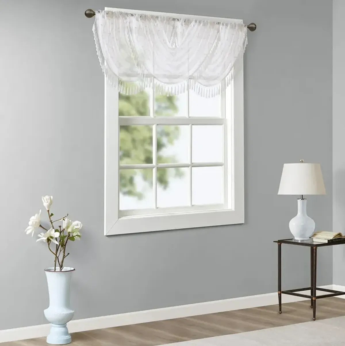 Madison Park Irina White Diamond Sheer Embroidered Waterfall Valance