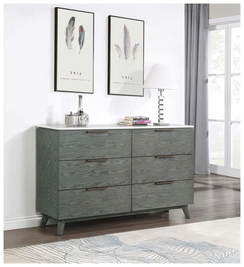 Nathan 6-drawer Dresser White Marble and Grey