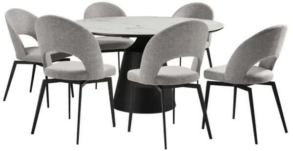 Knox Lucia 7 Piece Dining Set with Stone Top and Gray Fabric Chairs