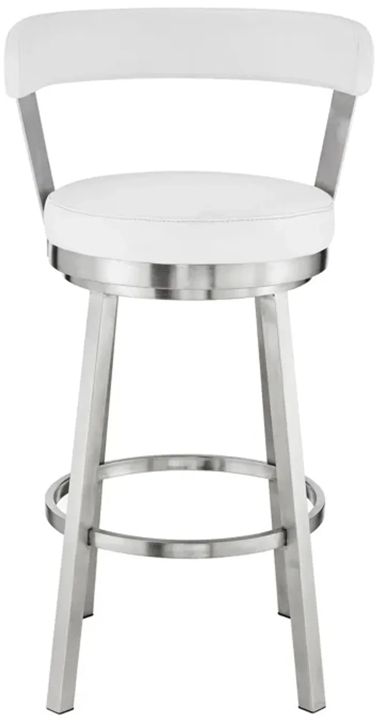 Kobe 30" Bar Height Swivel Bar Stool in Brushed Stainless Steel Finish and White Faux Leather