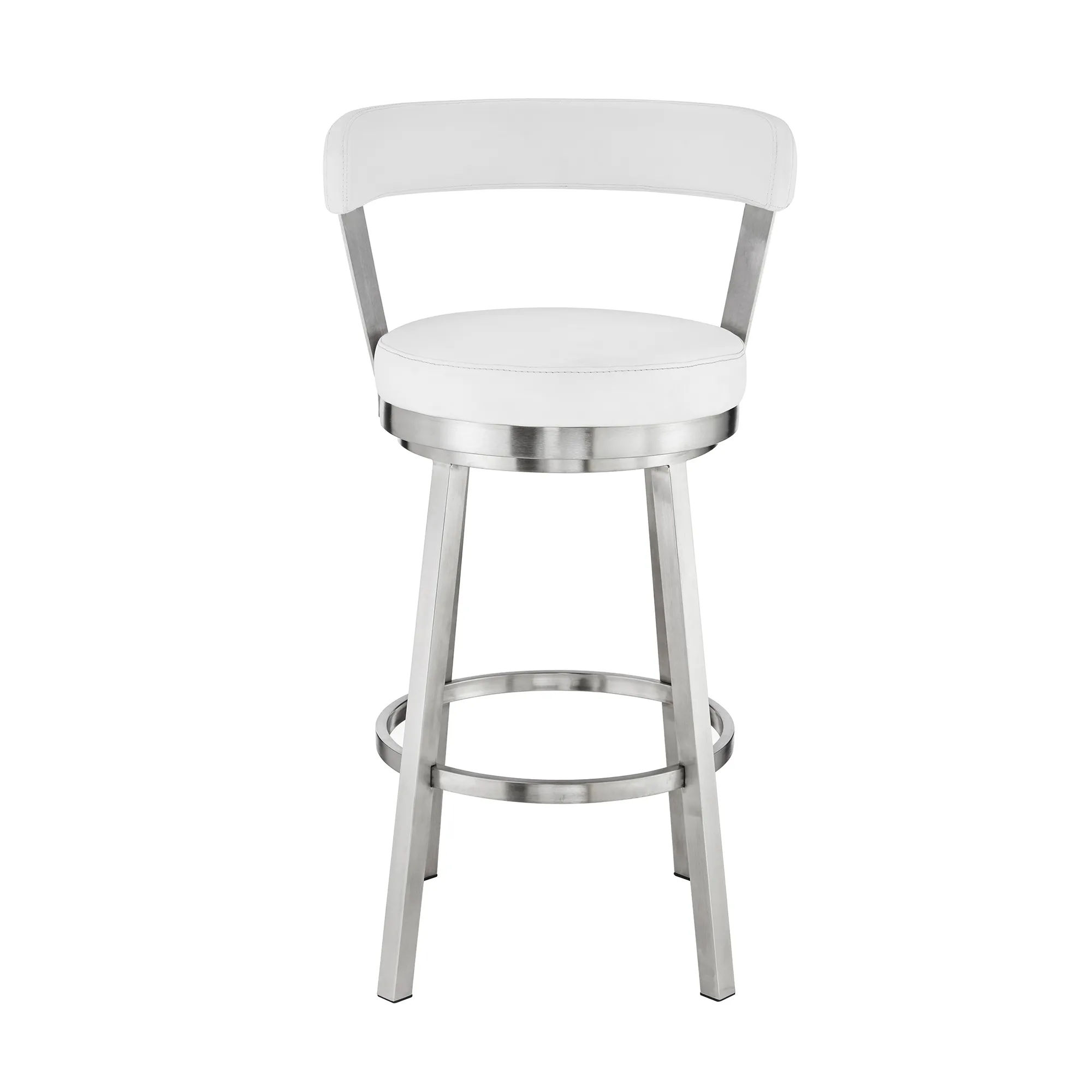 Kobe 30" Bar Height Swivel Bar Stool in Brushed Stainless Steel Finish and White Faux Leather