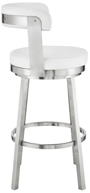 Kobe 30" Bar Height Swivel Bar Stool in Brushed Stainless Steel Finish and White Faux Leather