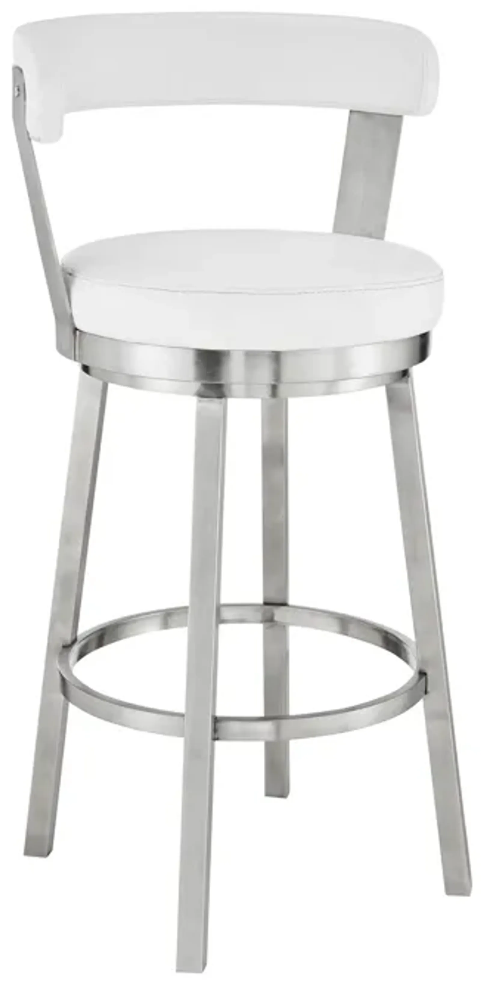 Kobe 30" Bar Height Swivel Bar Stool in Brushed Stainless Steel Finish and White Faux Leather