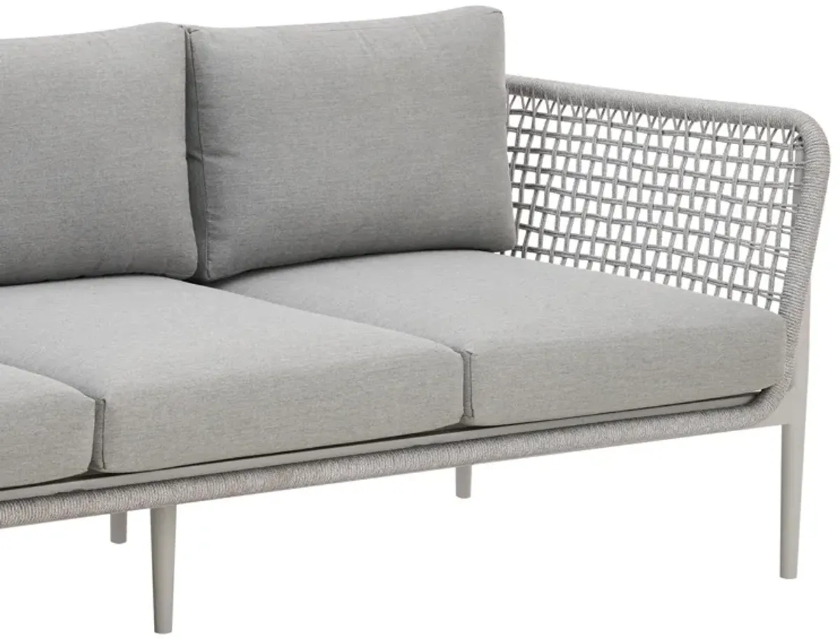 Rhodes Outdoor Patio Sofa in Aluminum with Light Gray Rope and Cushions