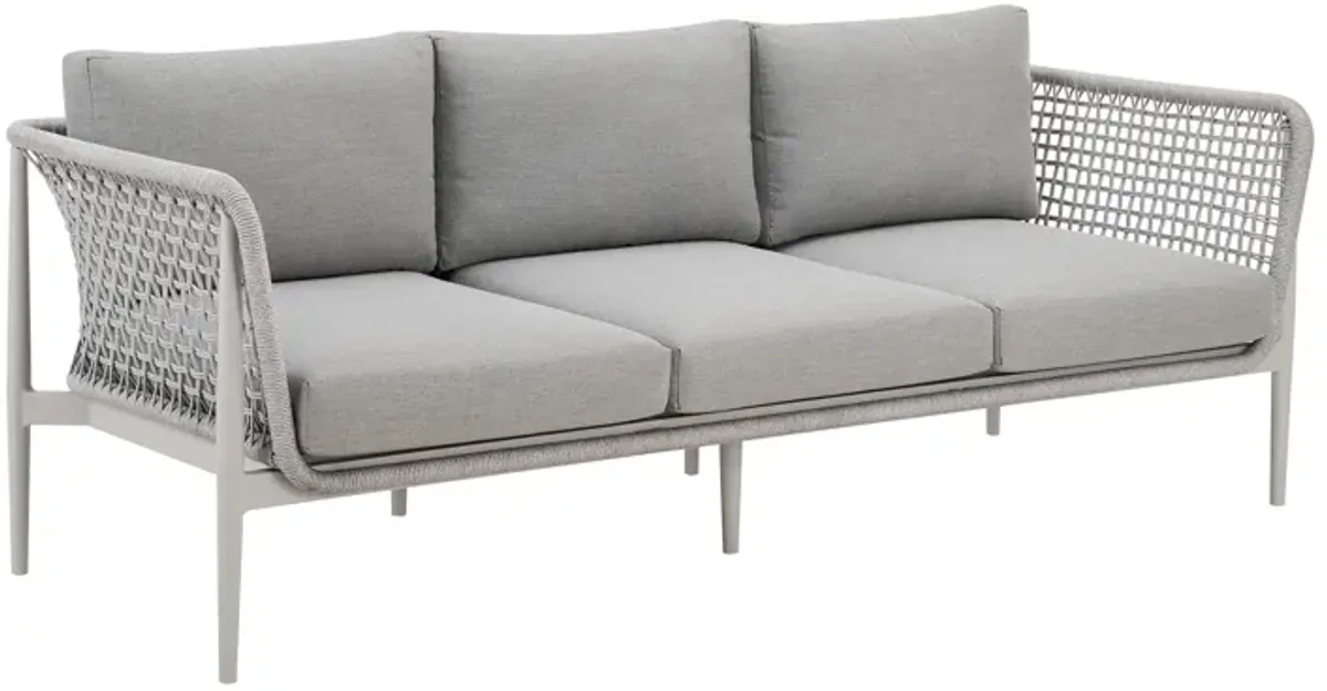 Rhodes Outdoor Patio Sofa in Aluminum with Light Gray Rope and Cushions