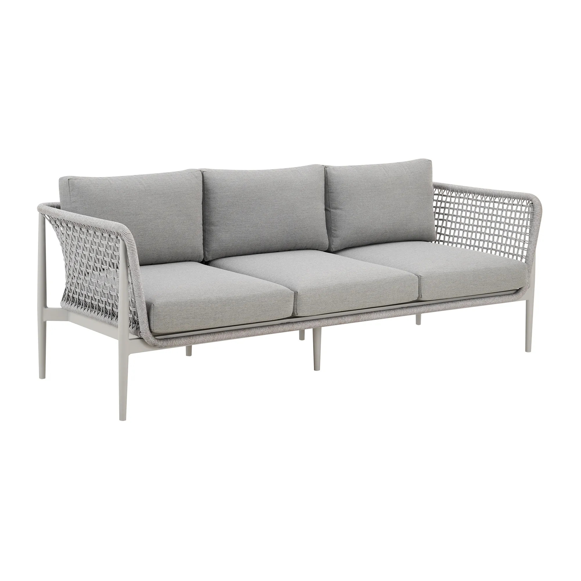 Rhodes Outdoor Patio Sofa in Aluminum with Light Gray Rope and Cushions