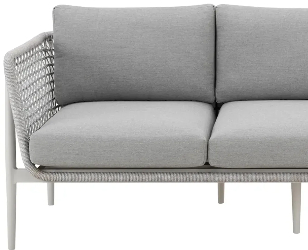 Rhodes Outdoor Patio Sofa in Aluminum with Light Gray Rope and Cushions