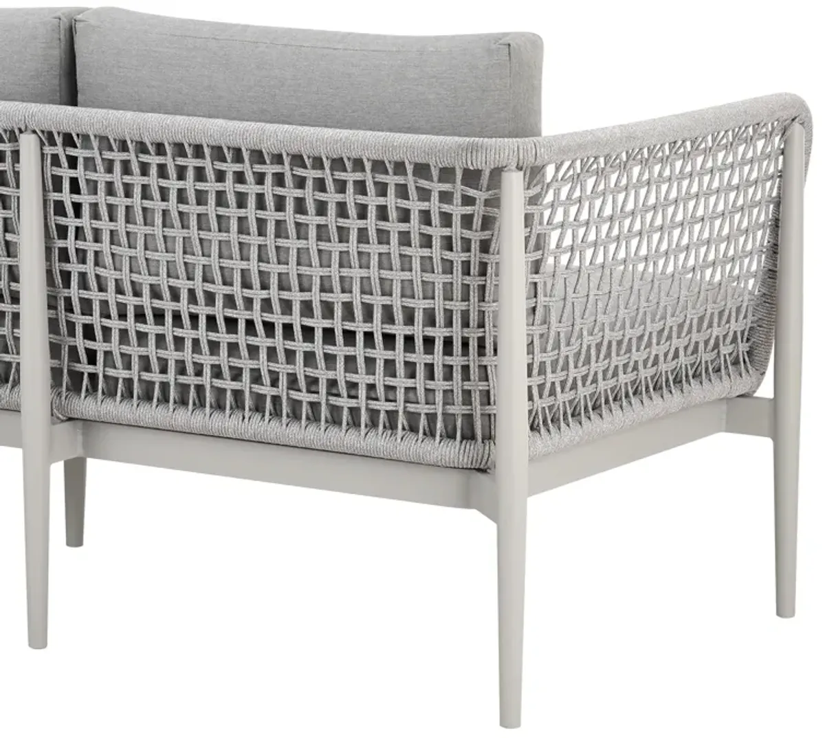 Rhodes Outdoor Patio Sofa in Aluminum with Light Gray Rope and Cushions