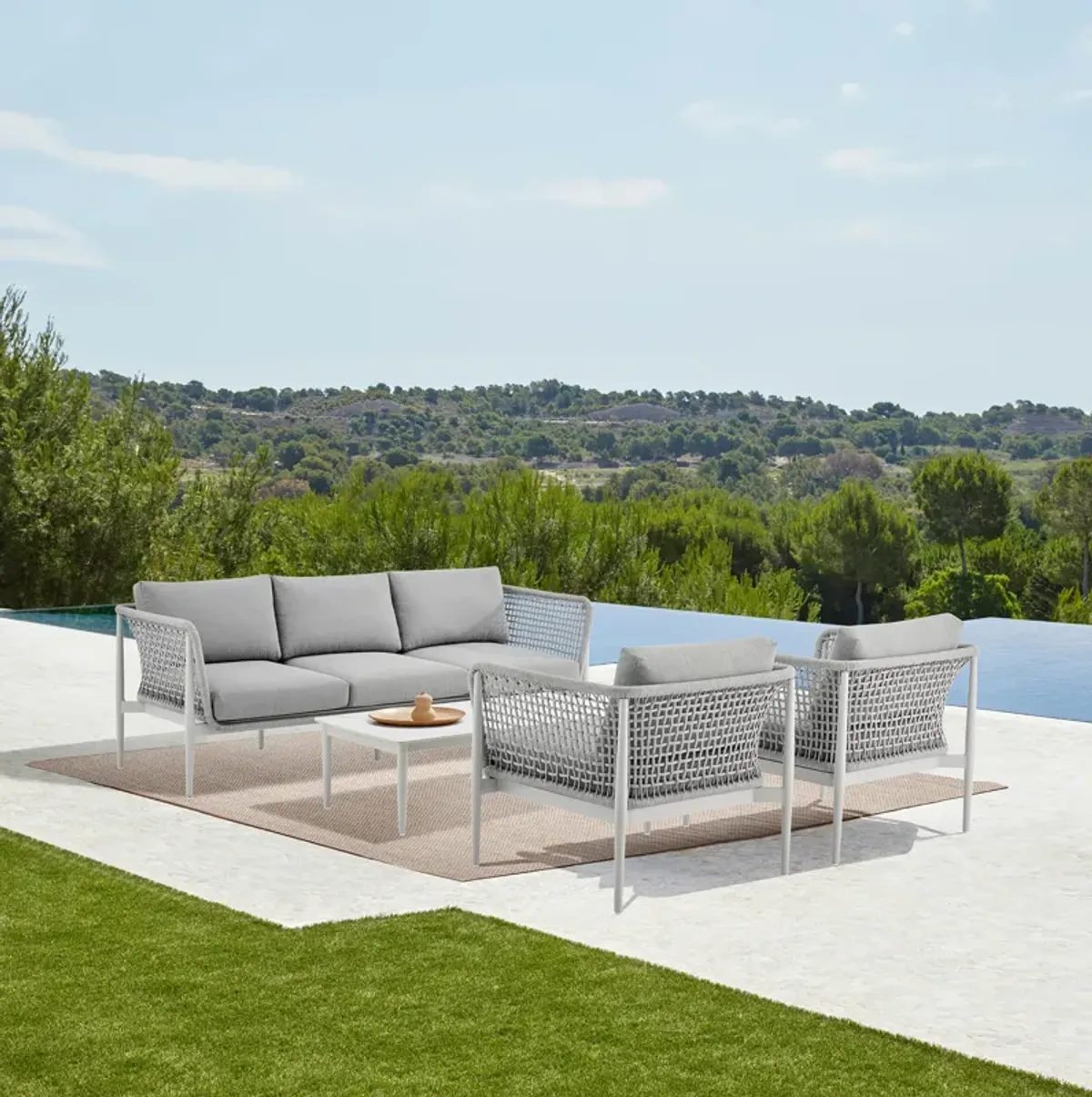 Rhodes Outdoor Patio Sofa in Aluminum with Light Gray Rope and Cushions