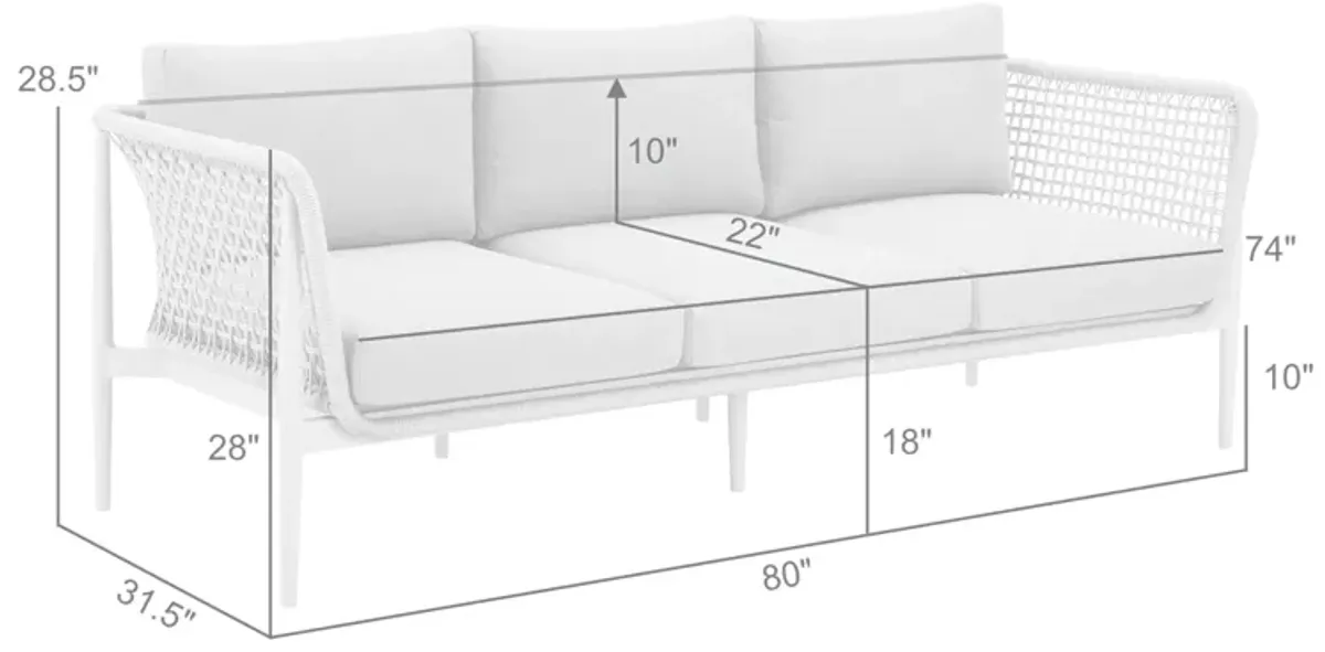 Rhodes Outdoor Patio Sofa in Aluminum with Light Gray Rope and Cushions